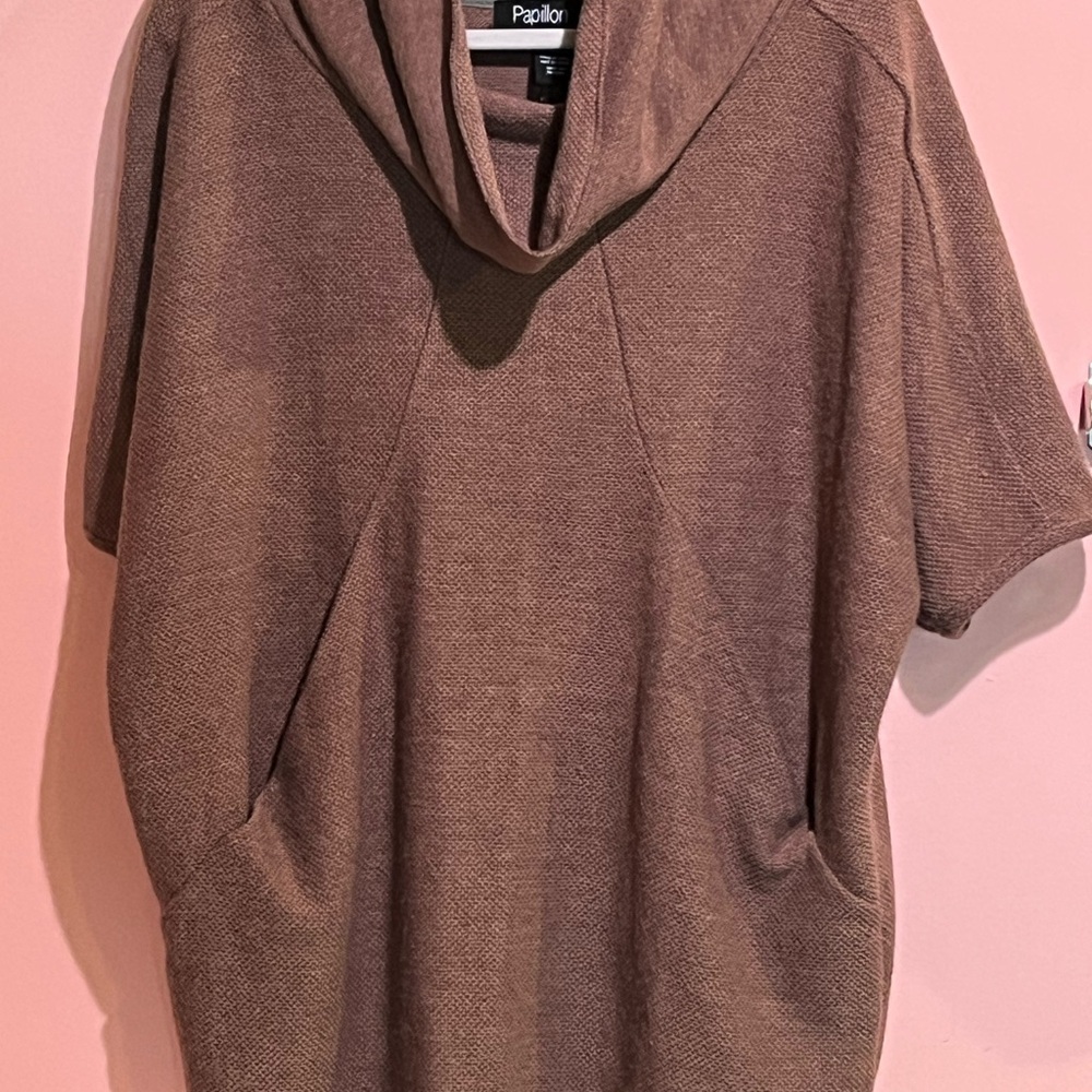 Papillon Blanc Brown Cowl Neck Short Sleeve Sweater